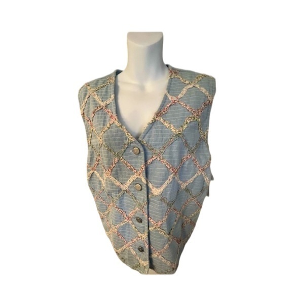 Vintage Jackets & Blazers - Vintage Light Blue Crochet-Detail Quilted Vest